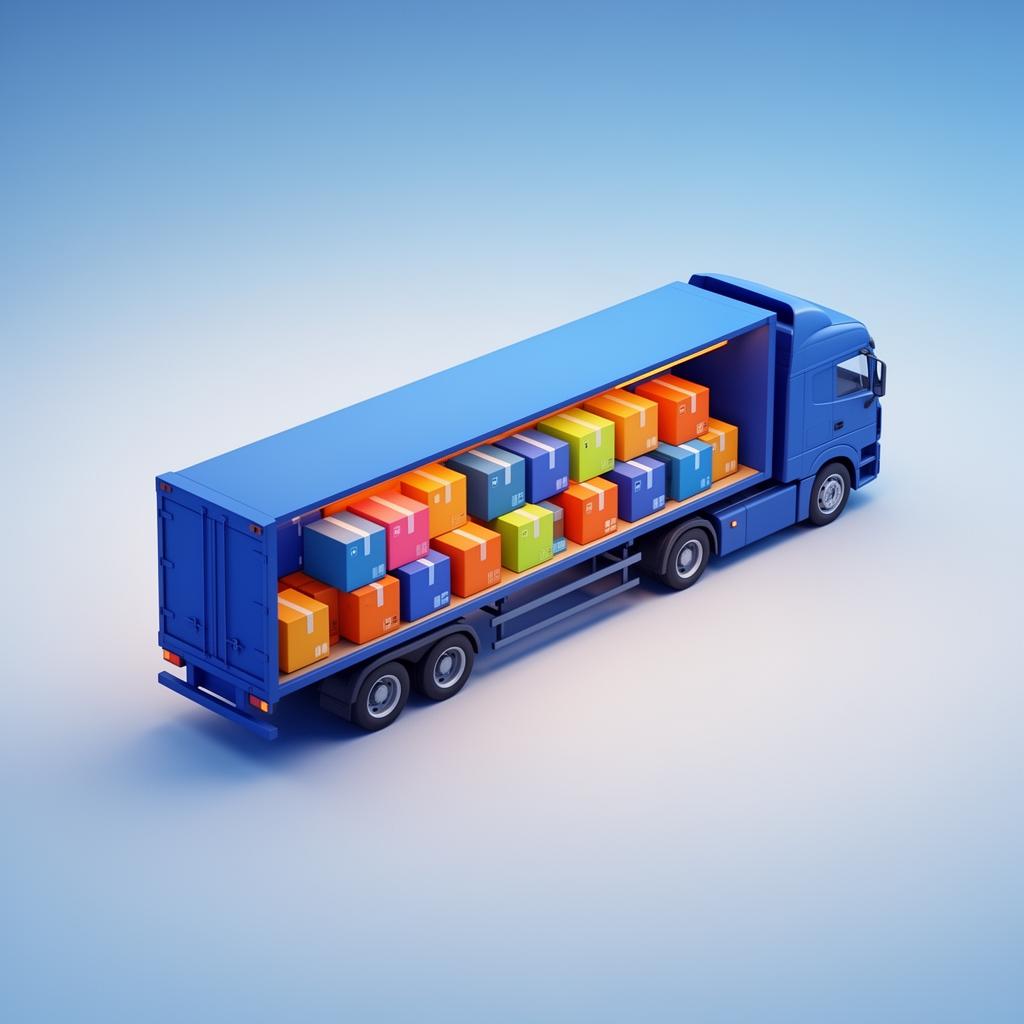 3D illustration of a truck loaded with colorful cargo boxes